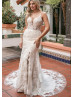 Spaghetti Straps Ivory Floral Lace Tulle Slit Charming Wedding Dress